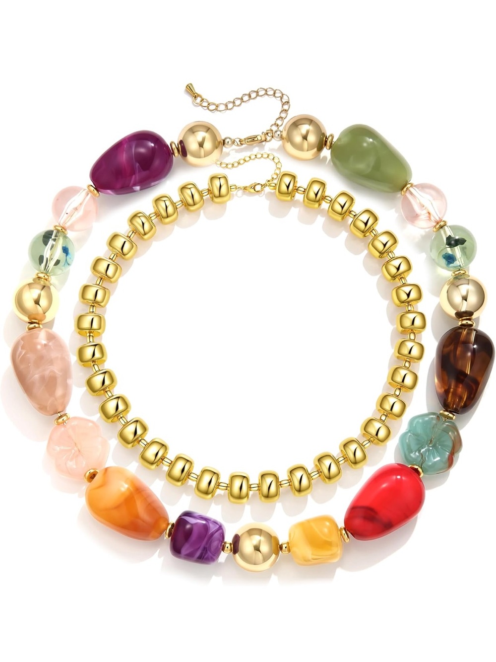 Gold-Tone Bead Necklace with Multicolor Gemstone Drops